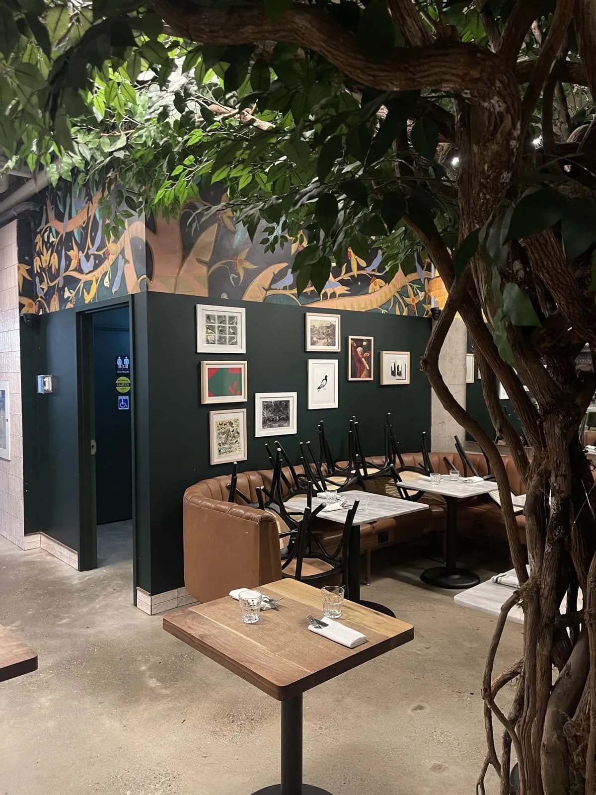 Café corner with deep-green walls, a gallery of framed prints, tan leather banquette, and an indoor tree