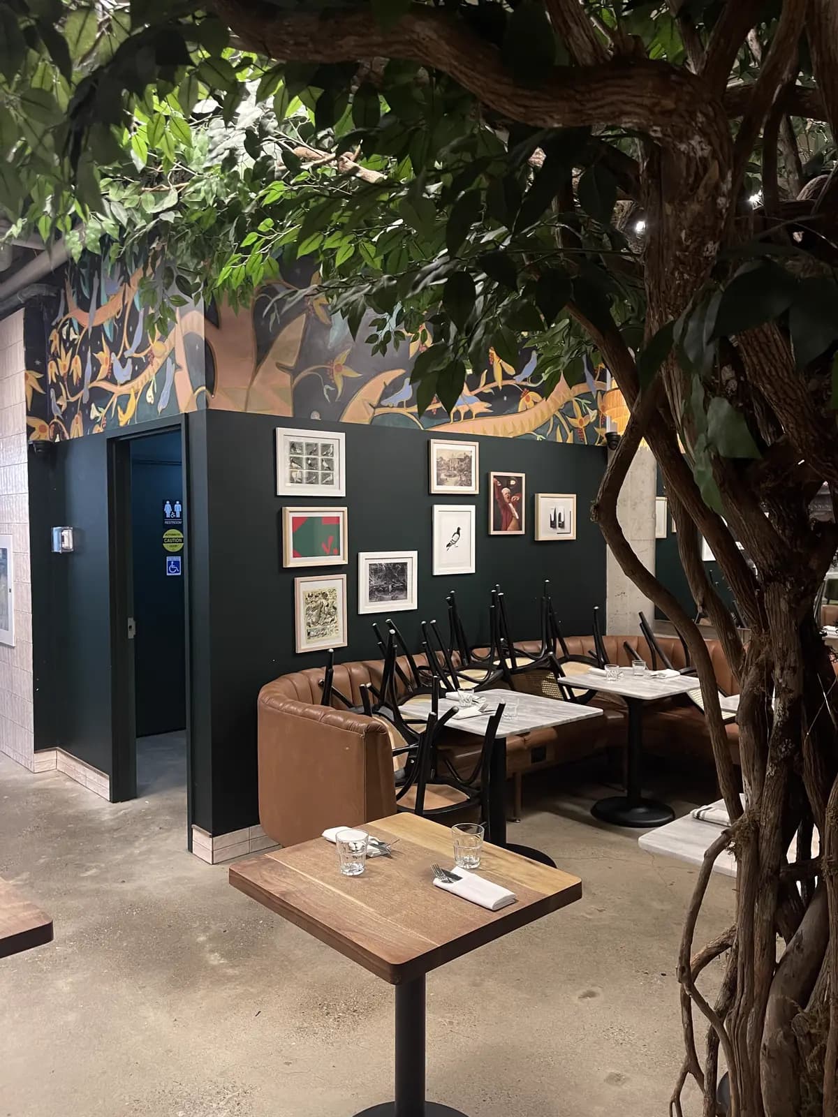 Café dining tables wrapped around an indoor tree, with framed prints along the deep-green wall