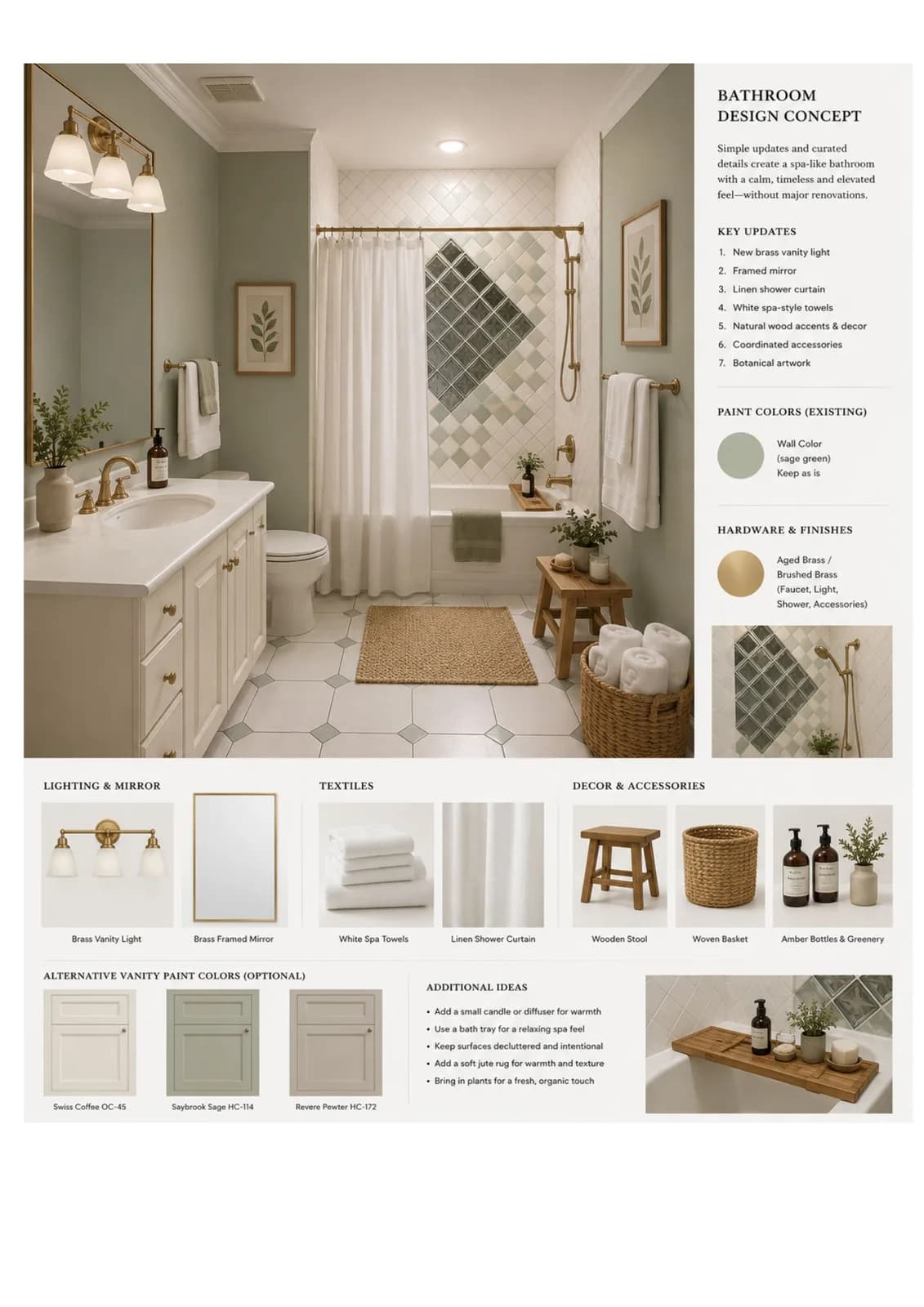 Bathroom design concept board with sage tile, fixtures, and styling selections