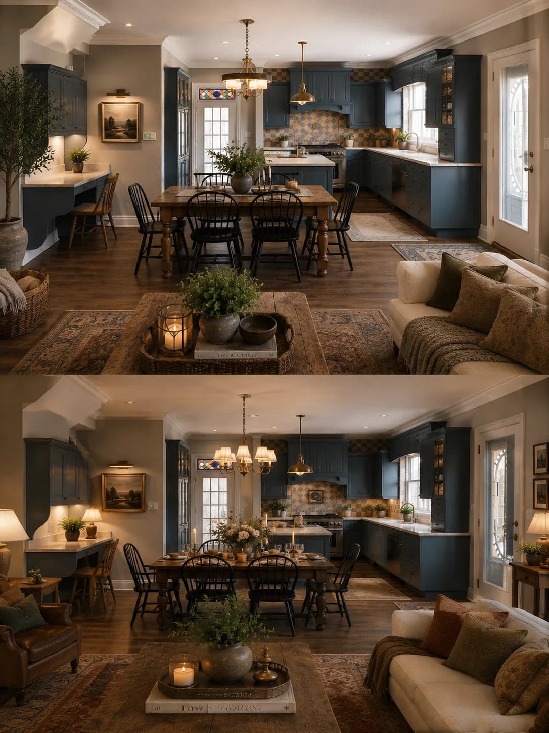 Design visualization of the dining room in deep blue with layered lighting and a connected kitchen suite