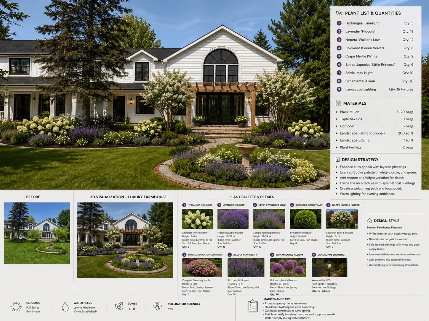 Exterior visualization board with luxury landscaping plan and plant list
