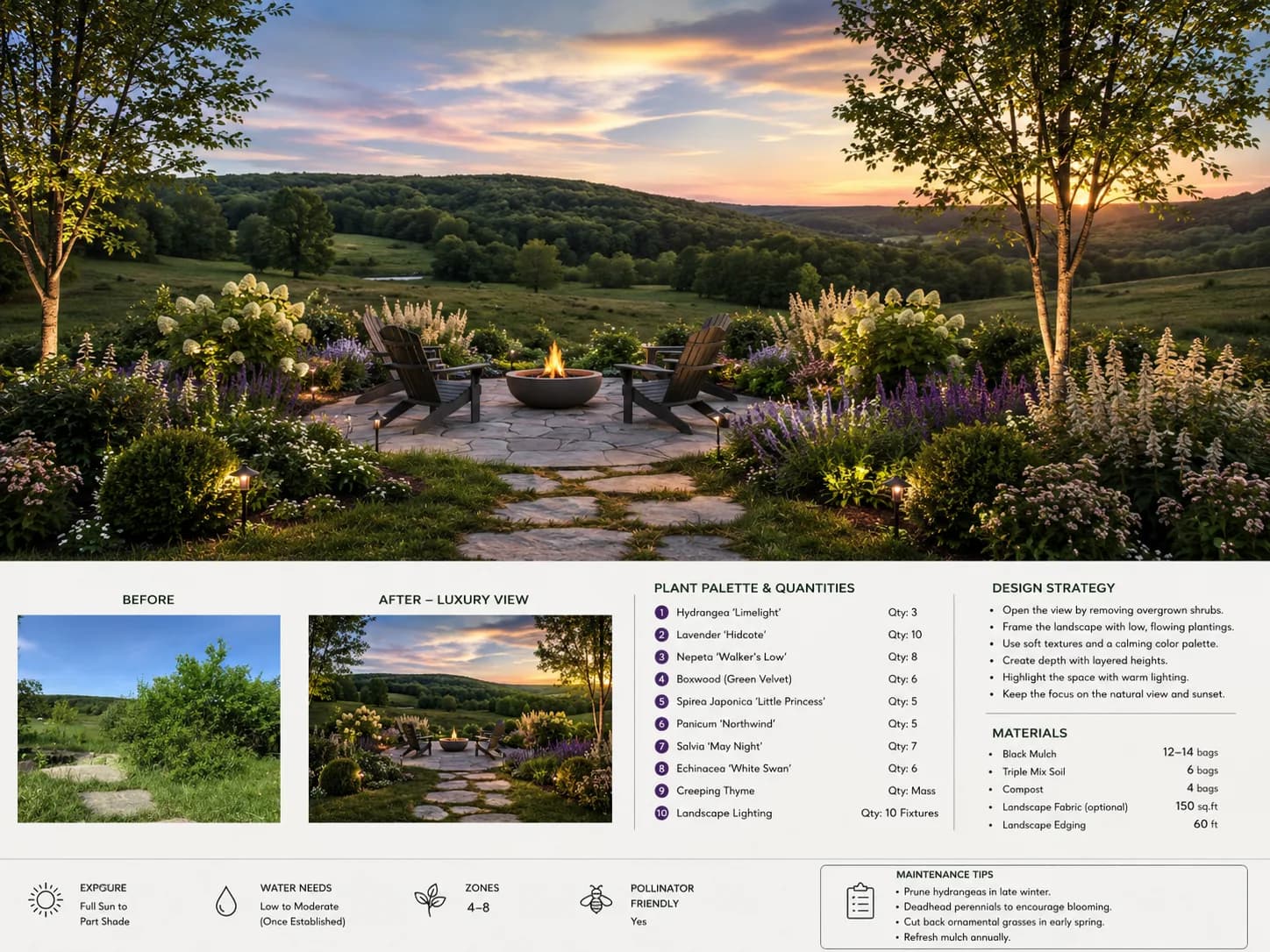 Landscape design board for a firepit lookout with sunset views and plant palette