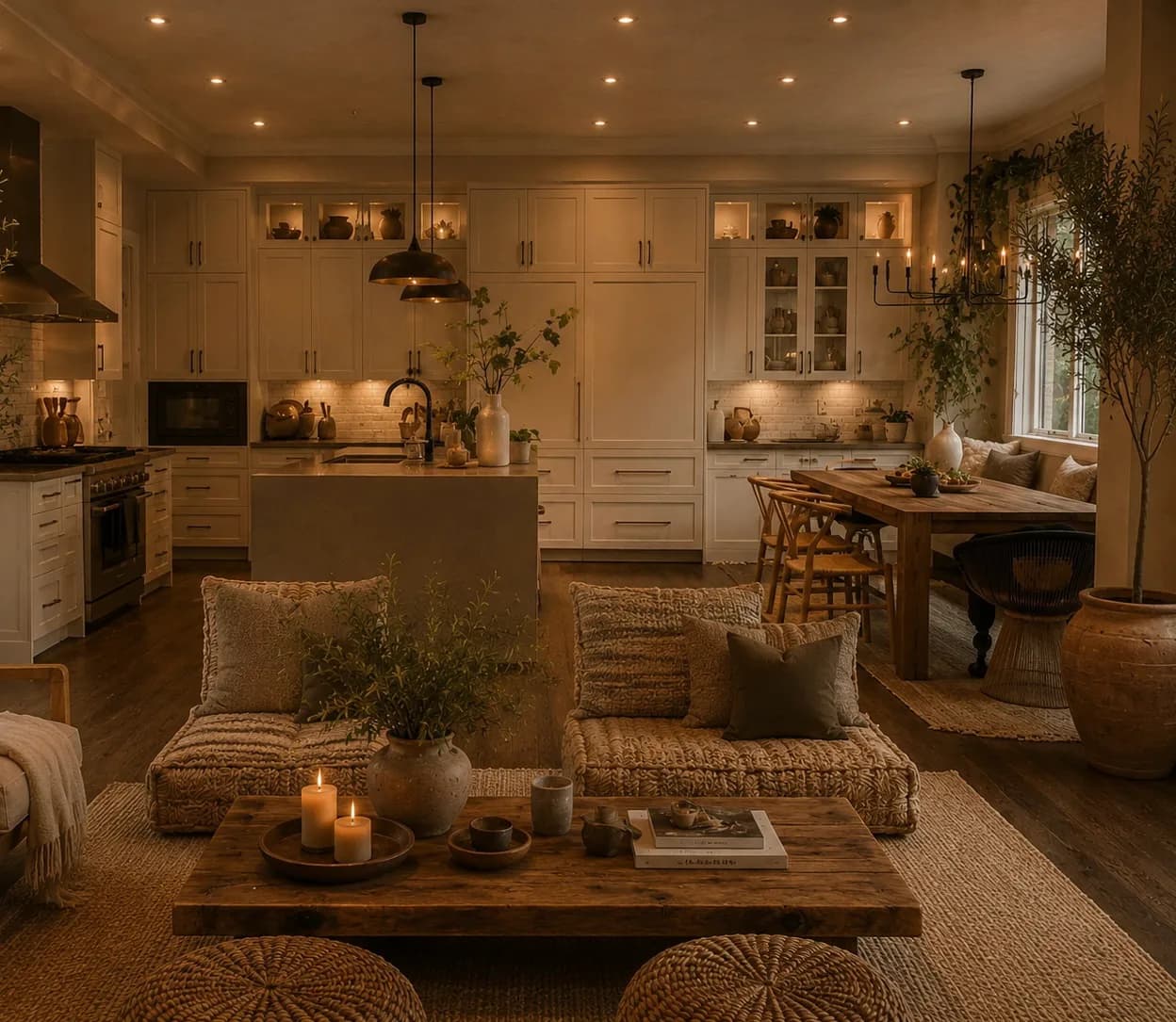Design visualization of the great room with a large kitchen island, woven textures, and candlelit seating