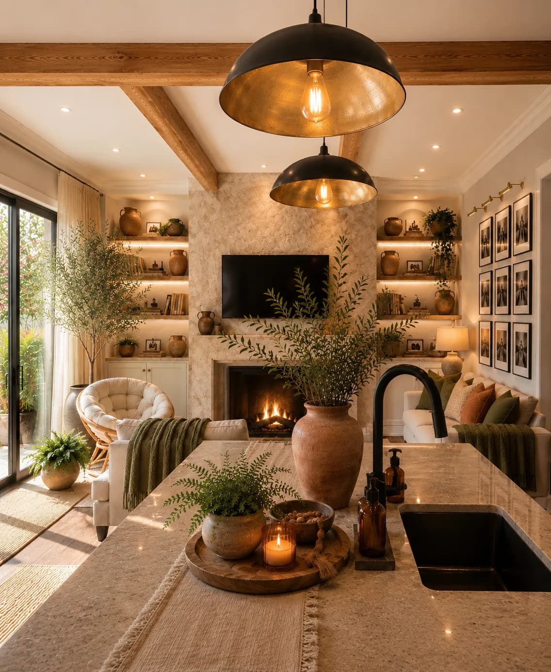 Photoreal design visualization of the cottage kitchen with black pendant lights, warm timber shelving, and stone counters