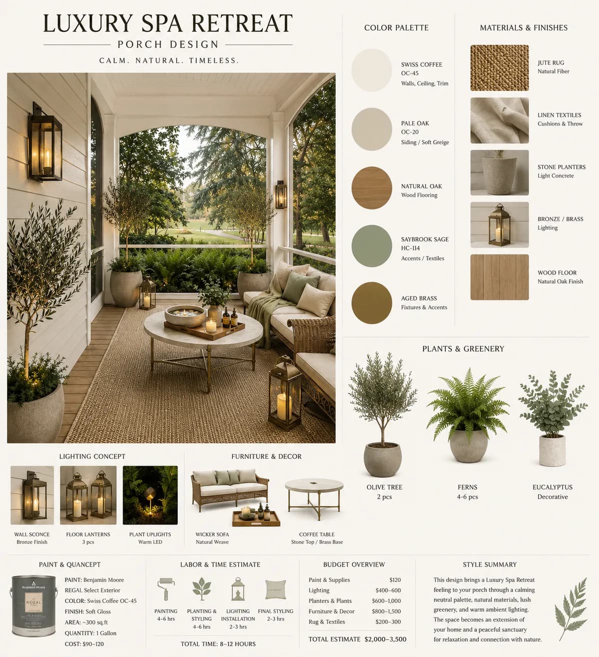 Luxury spa retreat porch design board with palette, materials, furniture, and greenery selections