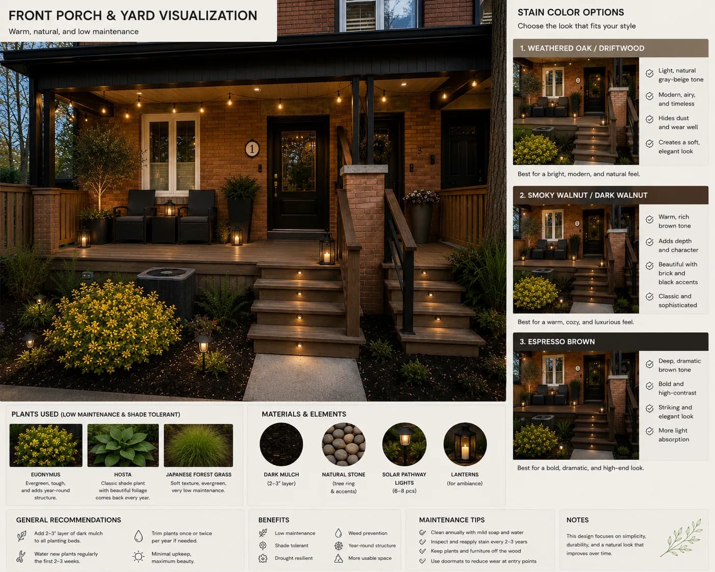 Front porch and yard visualization board with stain colour options and planting plan