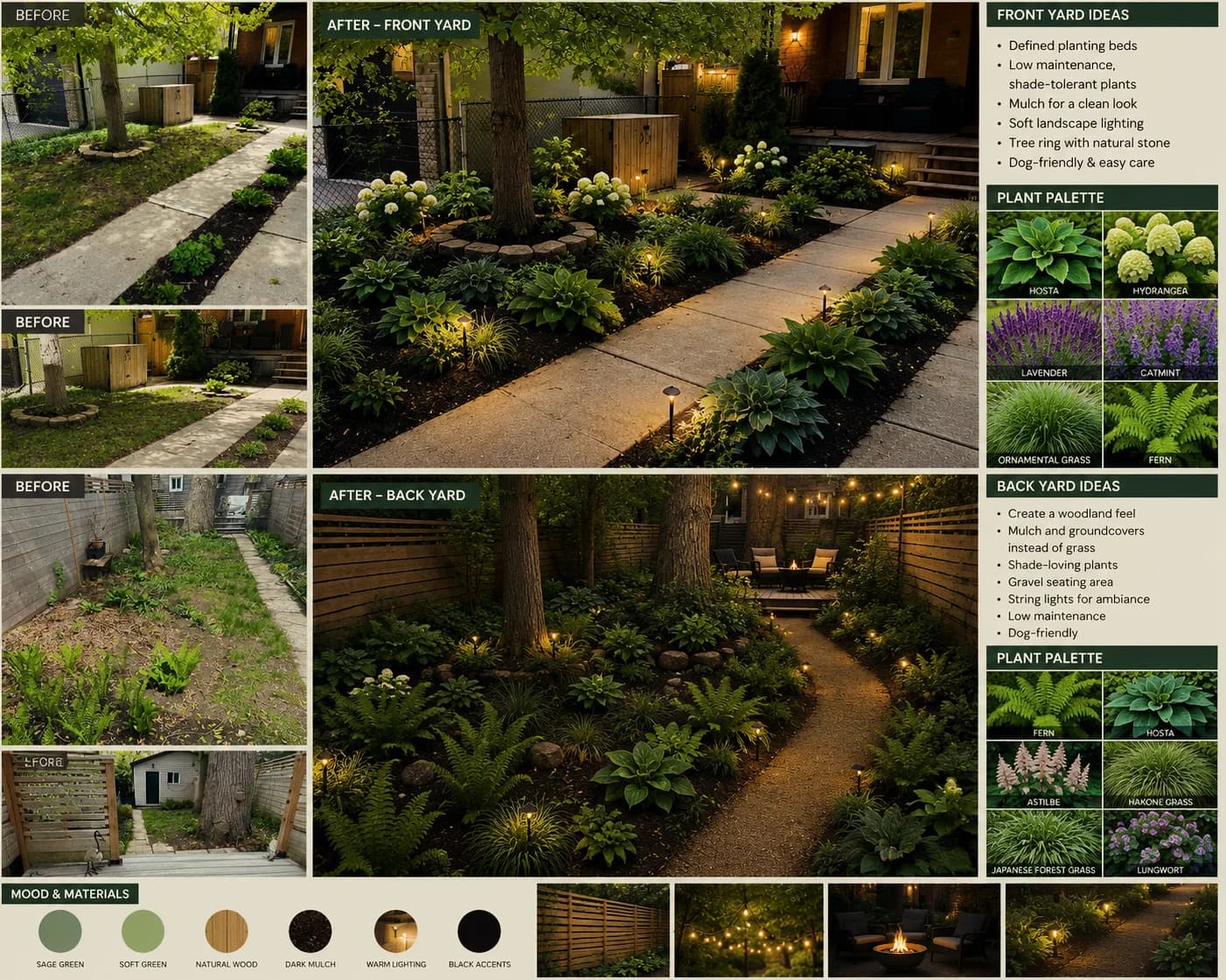 Front and back yard design board with before photos, lit pathway concepts, and plant palettes