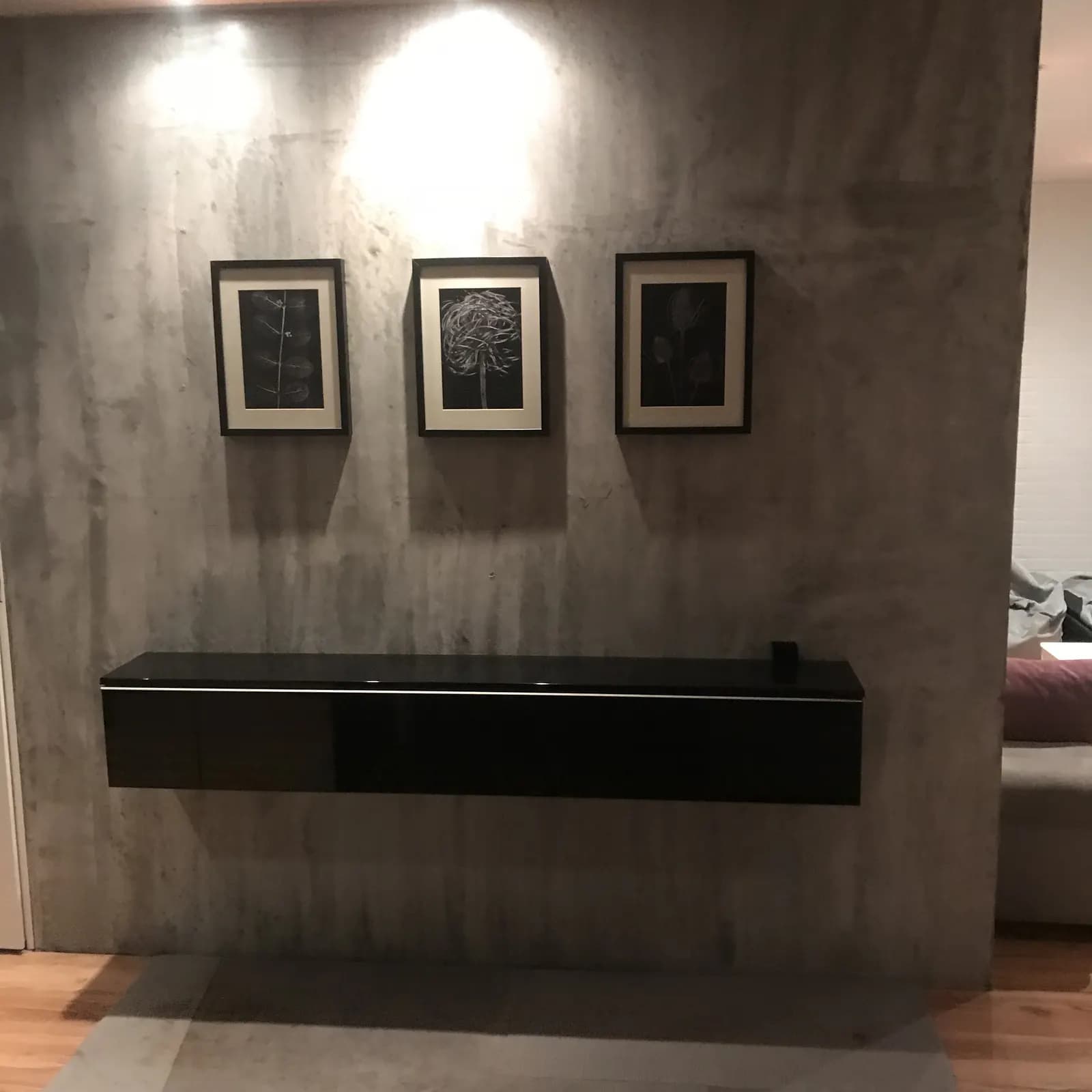 Concrete-texture wall with three framed botanical prints above a black floating console