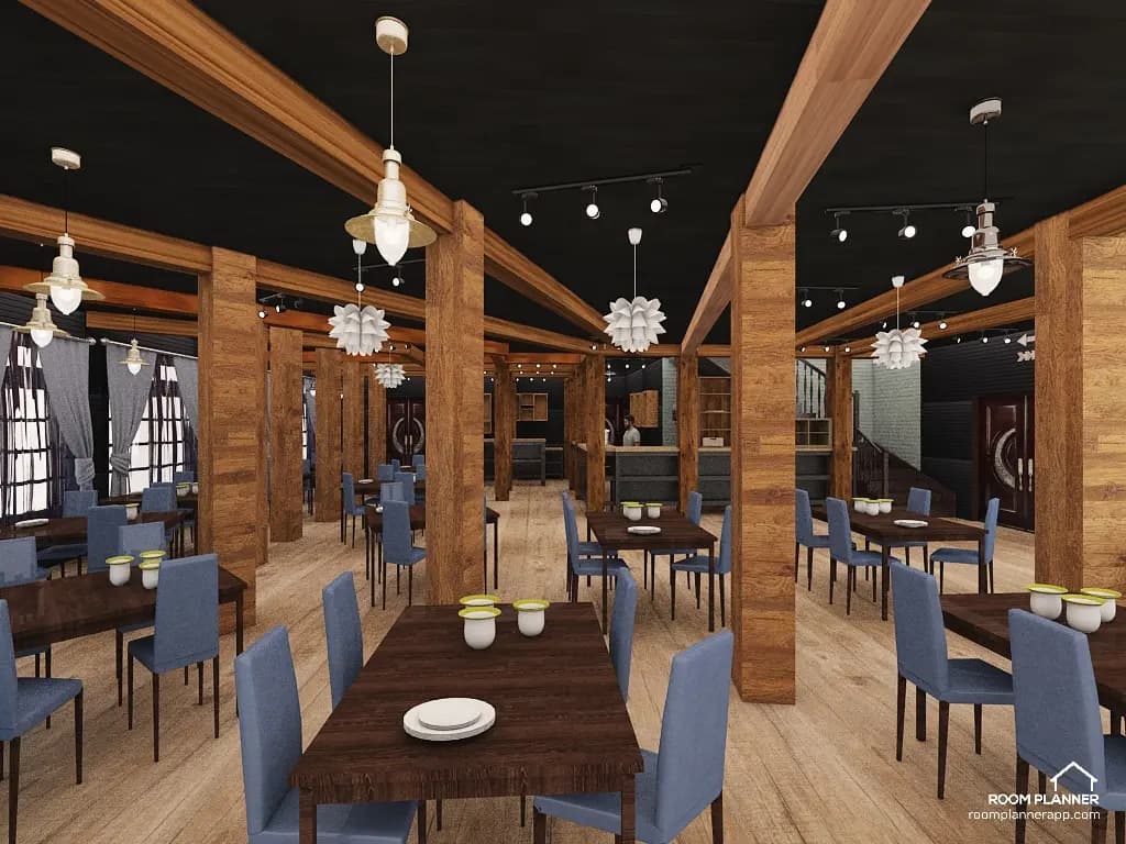 3D concept render of the dining hall with timber columns, dark ceiling, and pendant lighting